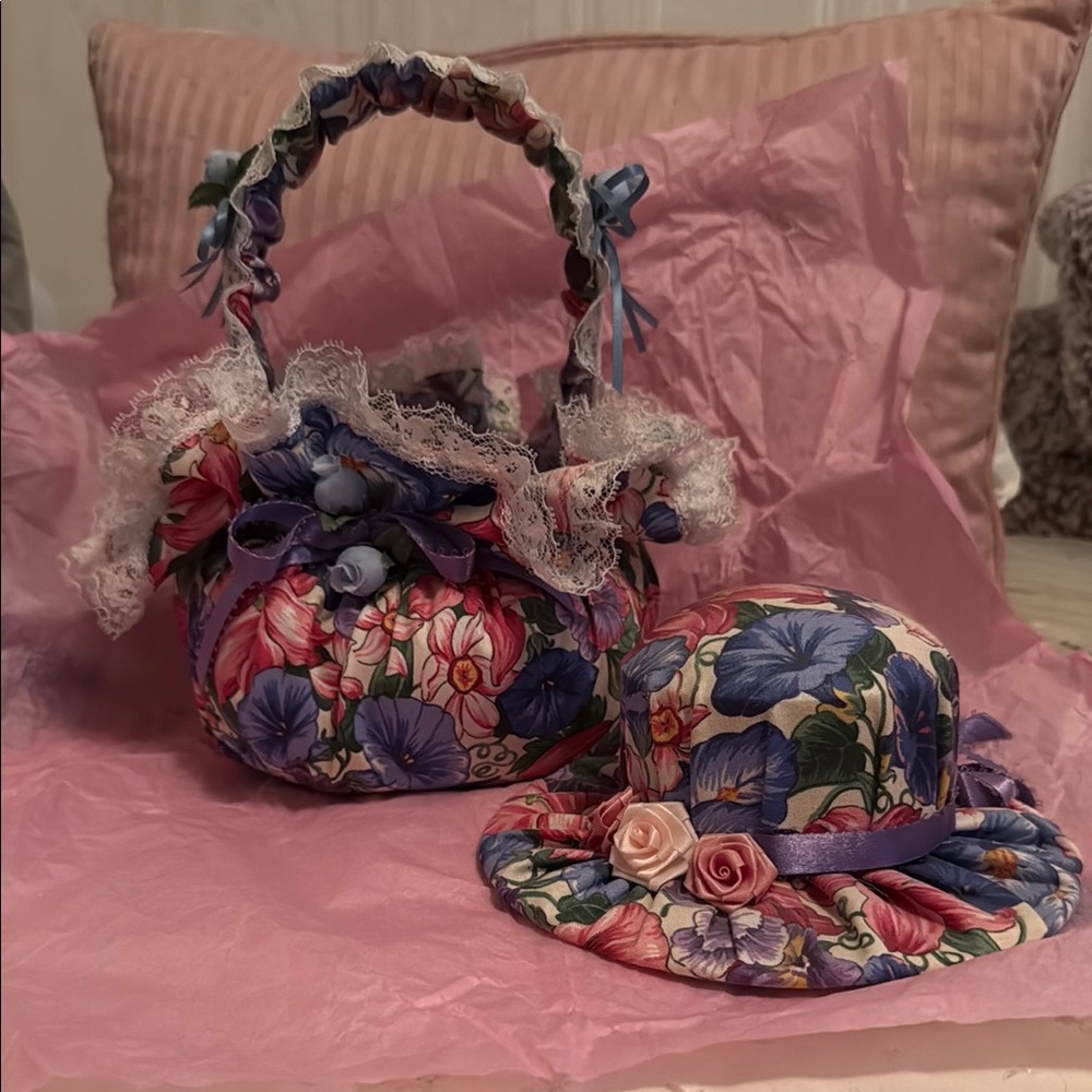 Pink & Purple Decor with Floral Patterns. Hat & Basket. Great for a Tea Party.